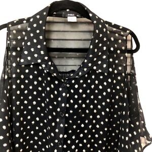 ING Womens Tunic‎ Top Blouse Black Gold Polka Dot Peek Shoulder USA Sheer 2X